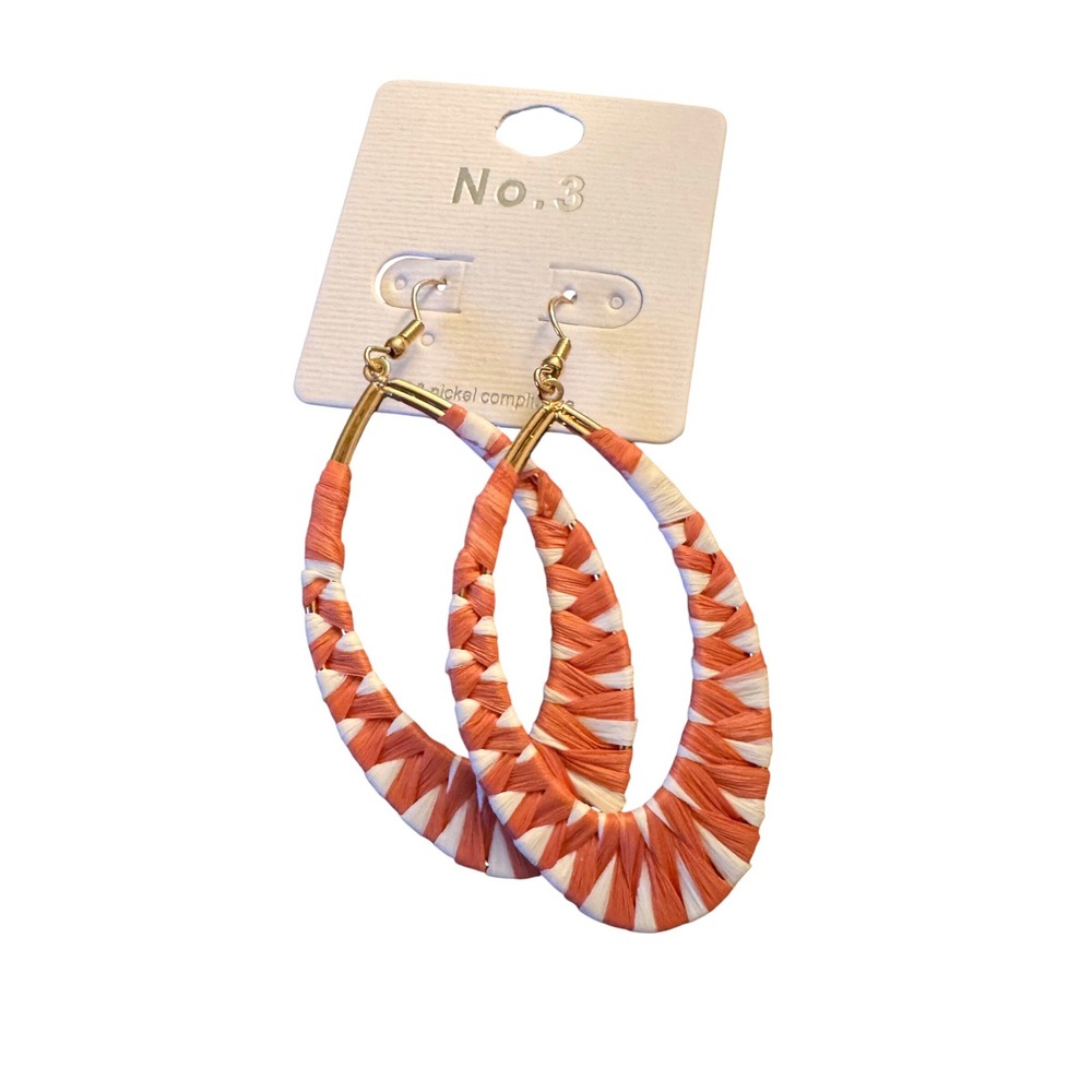 NWT No.3 Raffia Wrapped Teardrop Hoop Earrings Coral White Gold‎ Tone IE1586 WPC